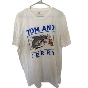 Tom and Jerry Graphic Print T-Shirt White Cartoon XL Menswear